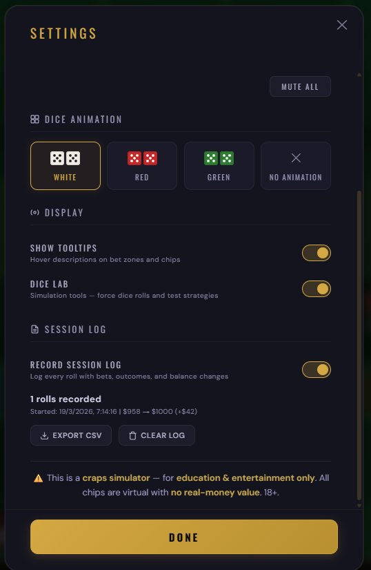 Settings panel bottom section with Session Log