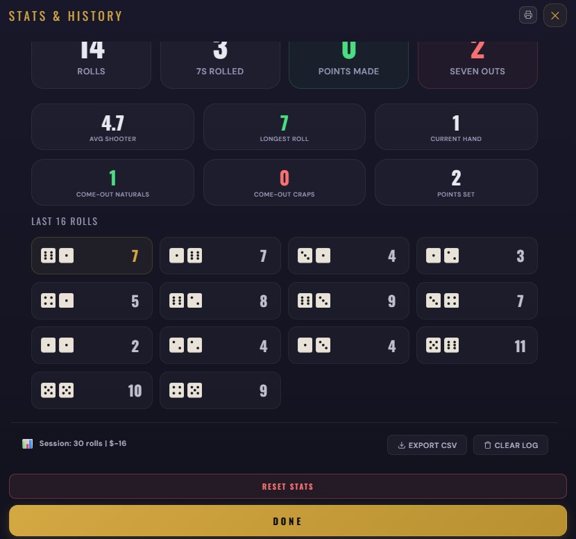 Stats panel with Last 16 Rolls and session export