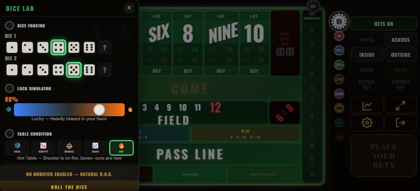 Dice Lab panel open on mobile