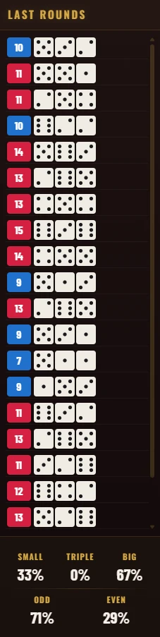 Right LAST ROUNDS panel showing recent results with dice and tags