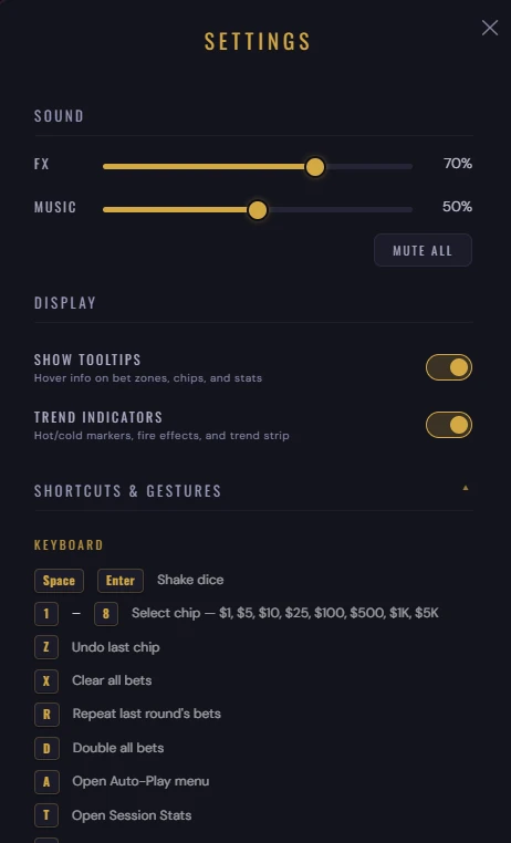 Settings panel with audio, display, and session controls
